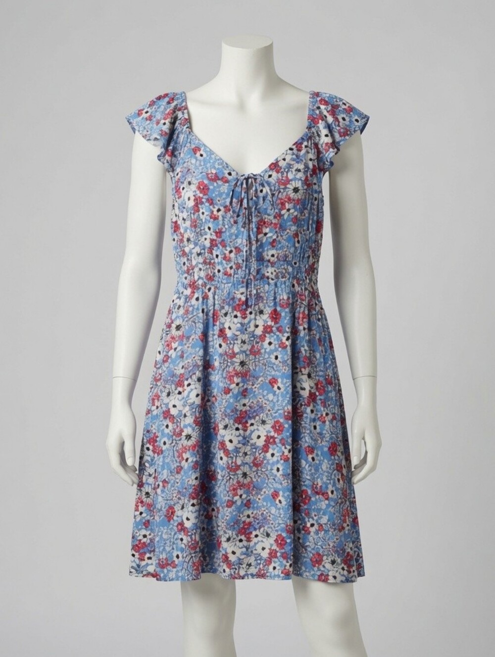 Blue Floral Mini Dress with Red, White And Blue Size L BOHO chic
